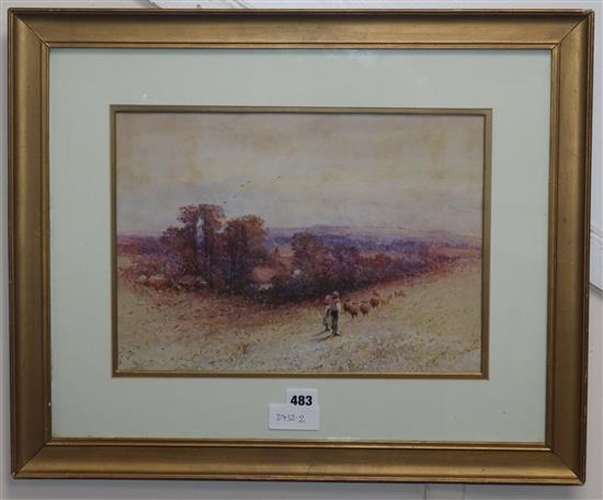 Thomas Dingle, watercolour, Shepherd and flock on a hillside, signed, 26 x 37cm